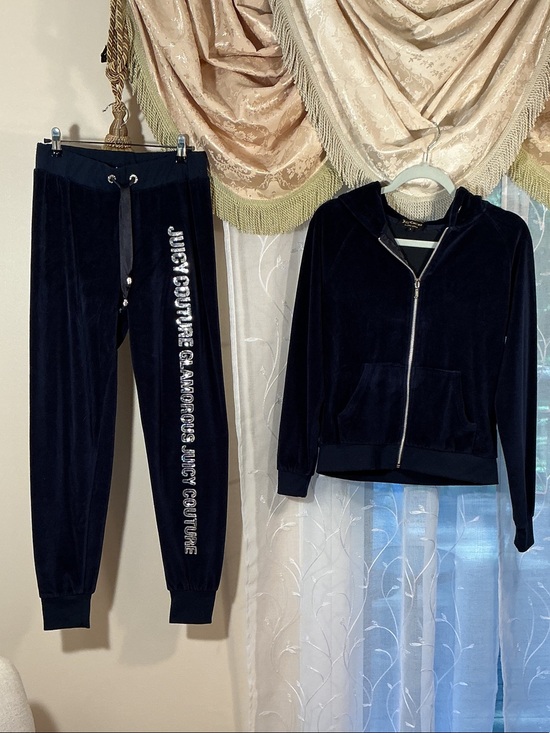 Juicy Couture Pants - Vintage Y2K Juicy Couture Navy Velour Zip Hoodie Joggers Tracksuit Sz L fits S